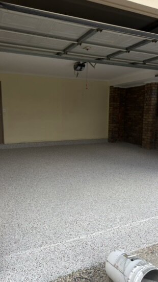 Double garage flake epoxy floor, light grey blend — Epox It Flooring