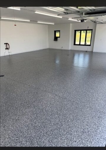 Grey flake epoxy garage floor with clear topcoat — Epox It Flooring