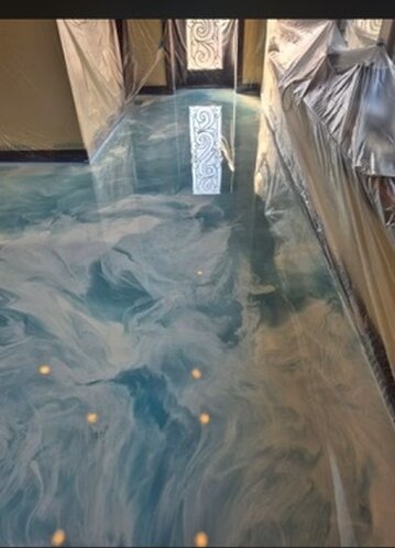 Blue and white metallic epoxy hallway floor — Epox It Flooring