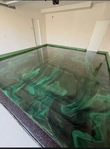 Green metallic epoxy garage floor, high gloss finish — Epox It Flooring